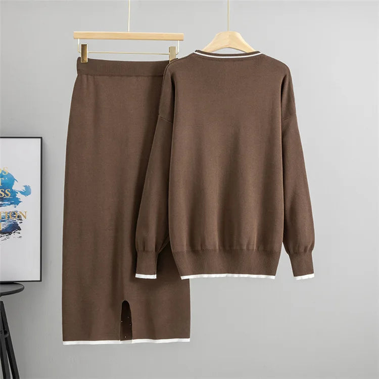 Muslim Beading Women Sweater Knitting Suit Two Piece Sets Pullover Knitted Long Skirt Outfits Casual Knitwear Ensemble Autumn