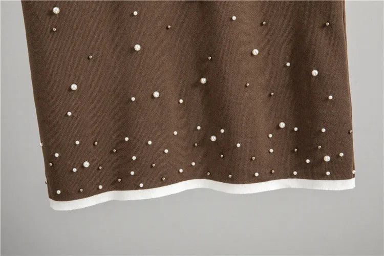 Muslim Beading Women Sweater Knitting Suit Two Piece Sets Pullover Knitted Long Skirt Outfits Casual Knitwear Ensemble Autumn