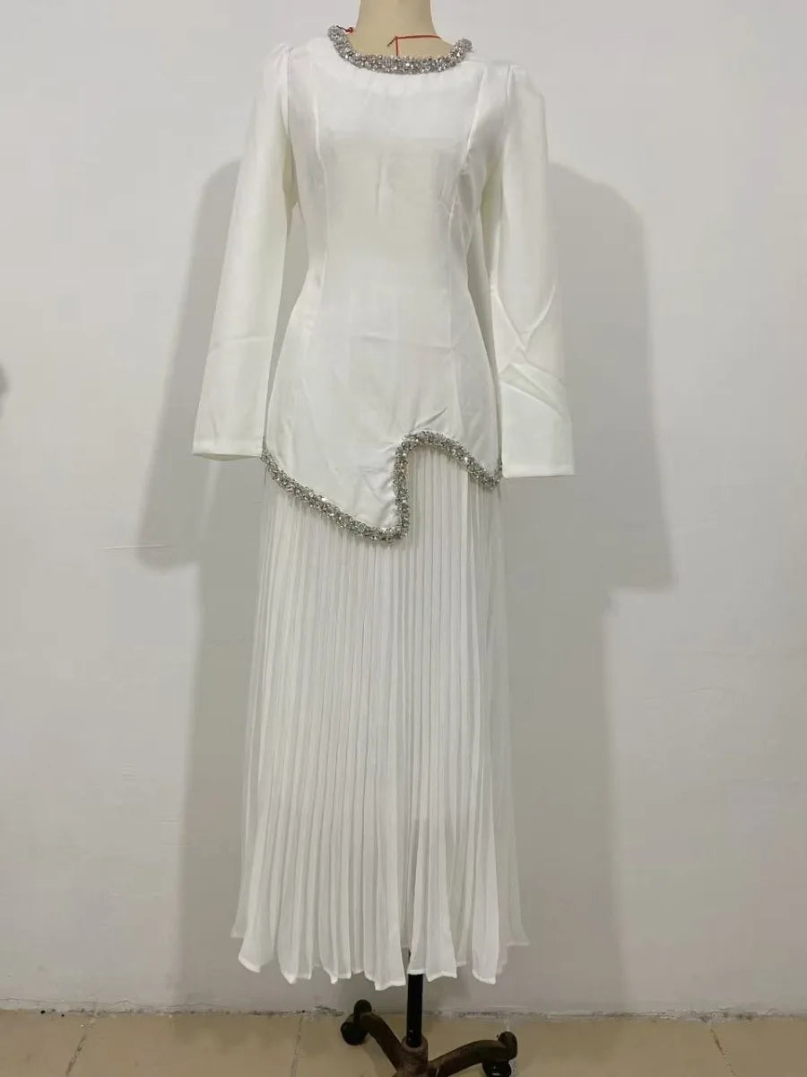 Eid Women Dress Muslim Abaya Pleated Shirt Skirt 2 Piece Set Diamond Party Ramadan Long Dresses Vestidos Largos Arab Long Robe