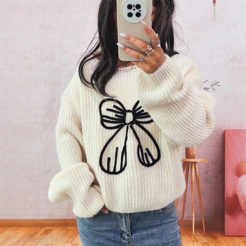 Simple Casual Bow Embroidery Decoration Knitted Long Sleeve Sweater