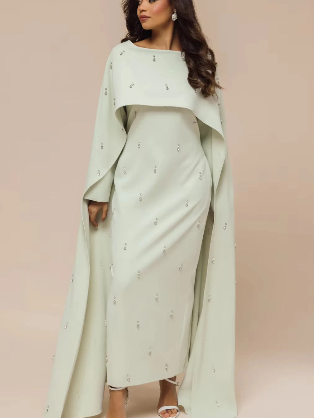 EID Women Cape Abaya Pearl Diamond Embellished Luxury Caftan Vestidos Largos Shawl Modest Muslim Dress Islamic Clothing 2025
