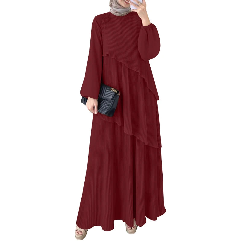 ZANZEA Patchwork Lantern Sleeve Abaya Robes Women Plisse Layered Elegant Maxi Dress Muslim Fashion Islamic Hijab Pleated Dress