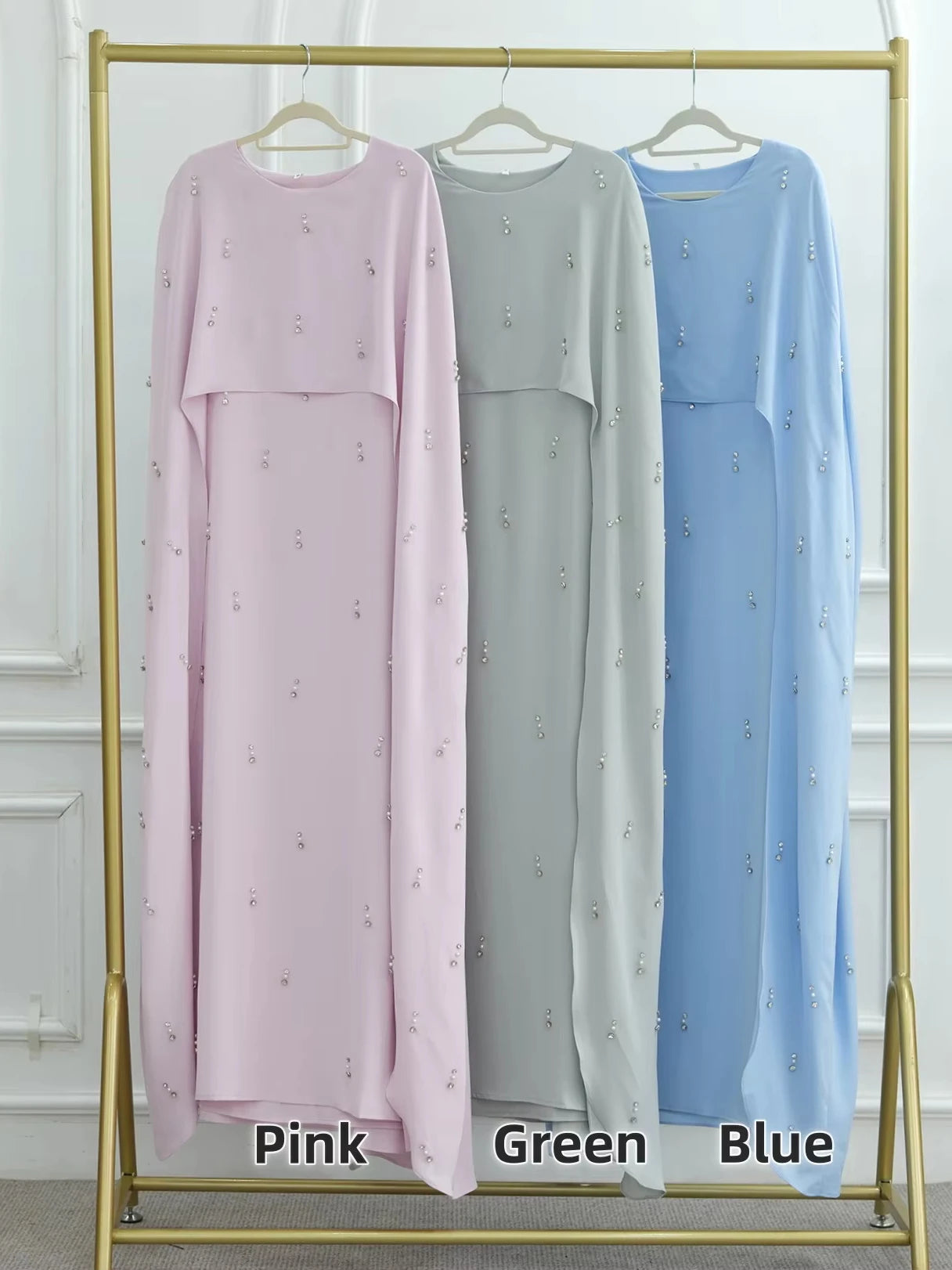 EID Women Cape Abaya Pearl Diamond Embellished Luxury Caftan Vestidos Largos Shawl Modest Muslim Dress Islamic Clothing 2025