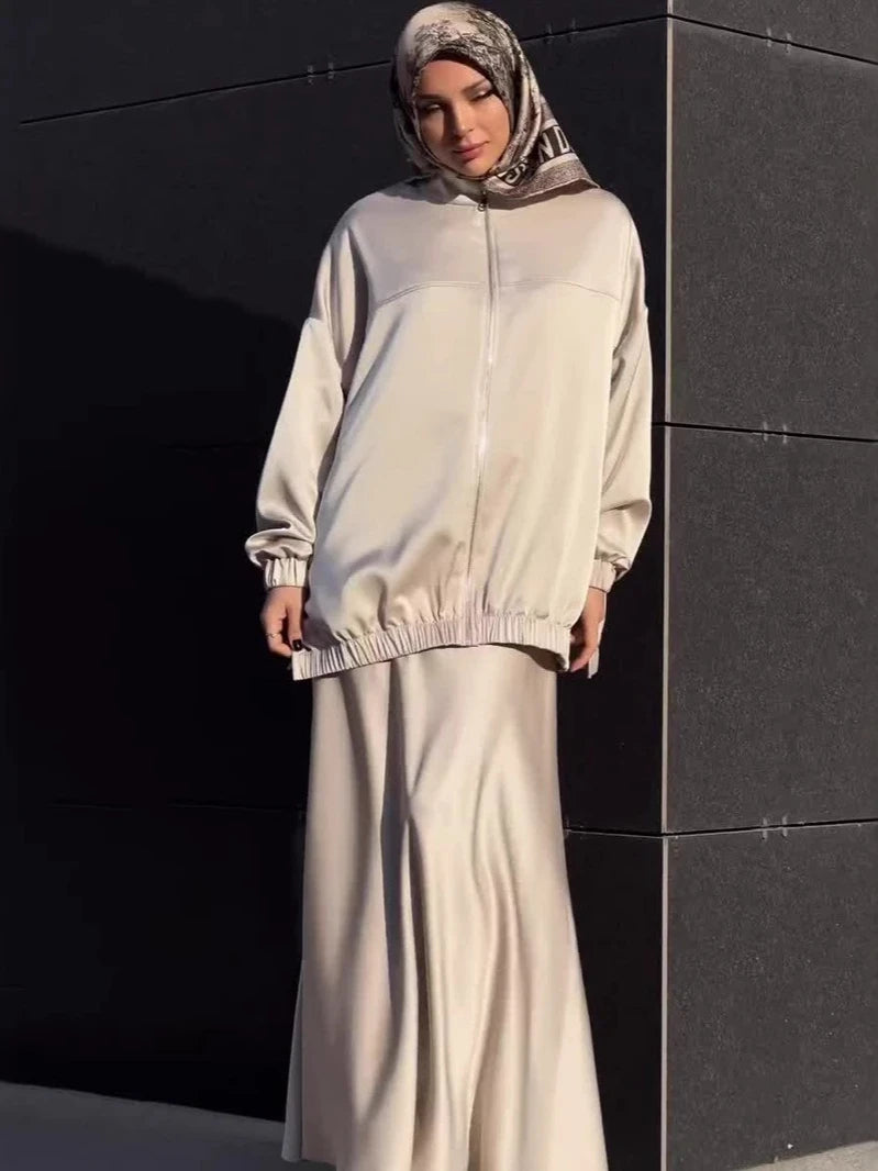 Muslim Dress Satin 2 Piece Set Women Party Abaya Musulman Ensembles Arab Long Robe Dubai Kaftan Vestidos Jalabiya Ramadan Eid