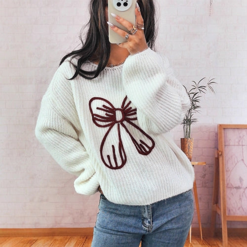 Simple Casual Bow Embroidery Decoration Knitted Long Sleeve Sweater