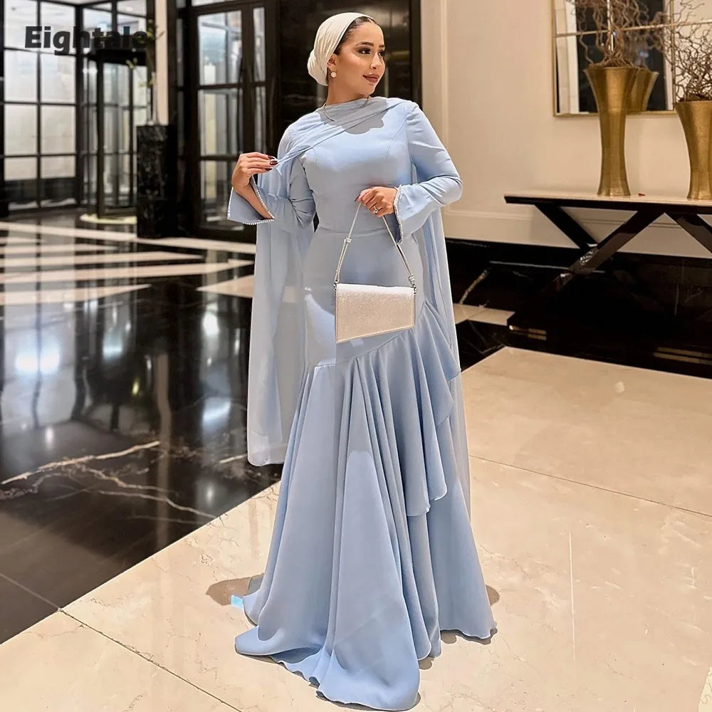 Eightale Arabic Evening Dress O-Neck Prom Gown Customized Long Sleeves Wedding Party Dress Muslim Mermaid Robes De Soirée