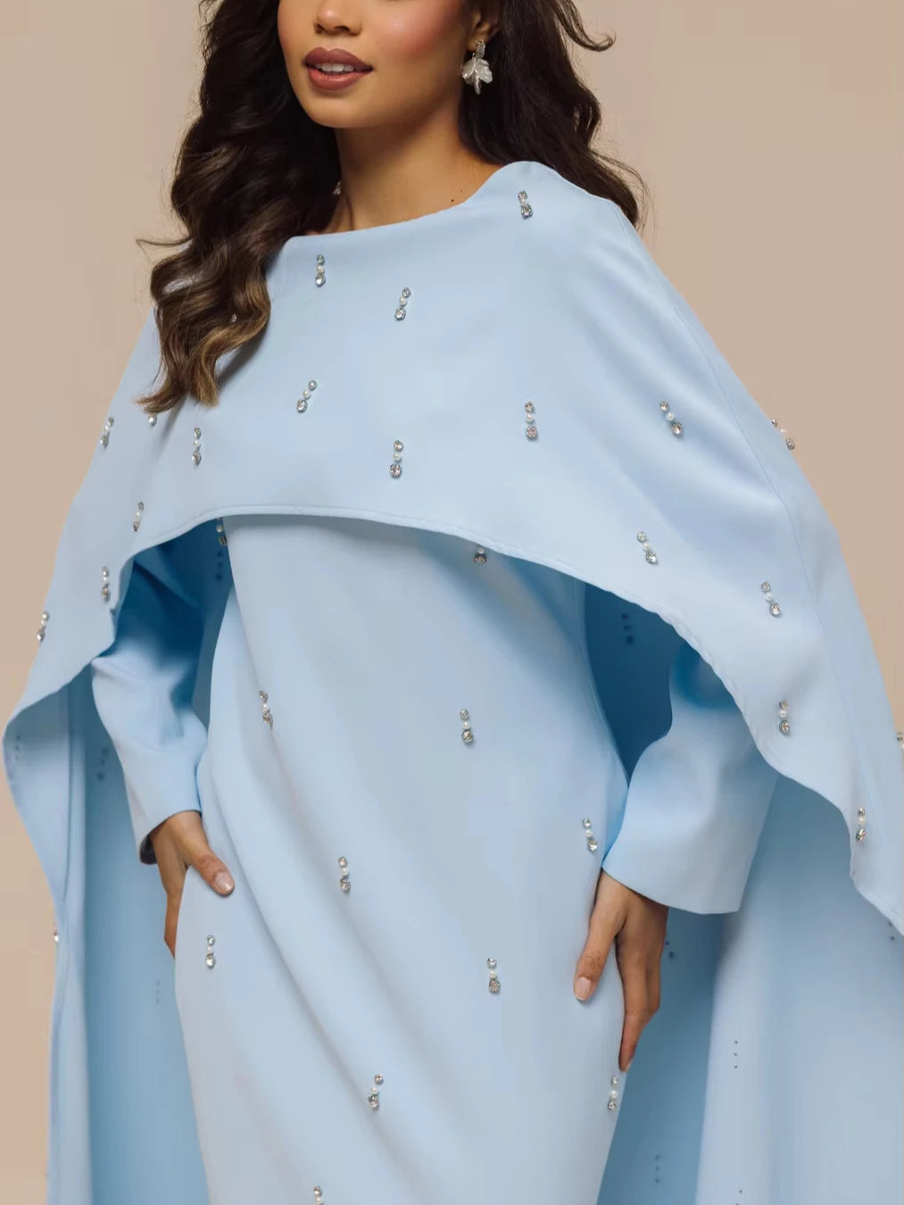 EID Women Cape Abaya Pearl Diamond Embellished Luxury Caftan Vestidos Largos Shawl Modest Muslim Dress Islamic Clothing 2025