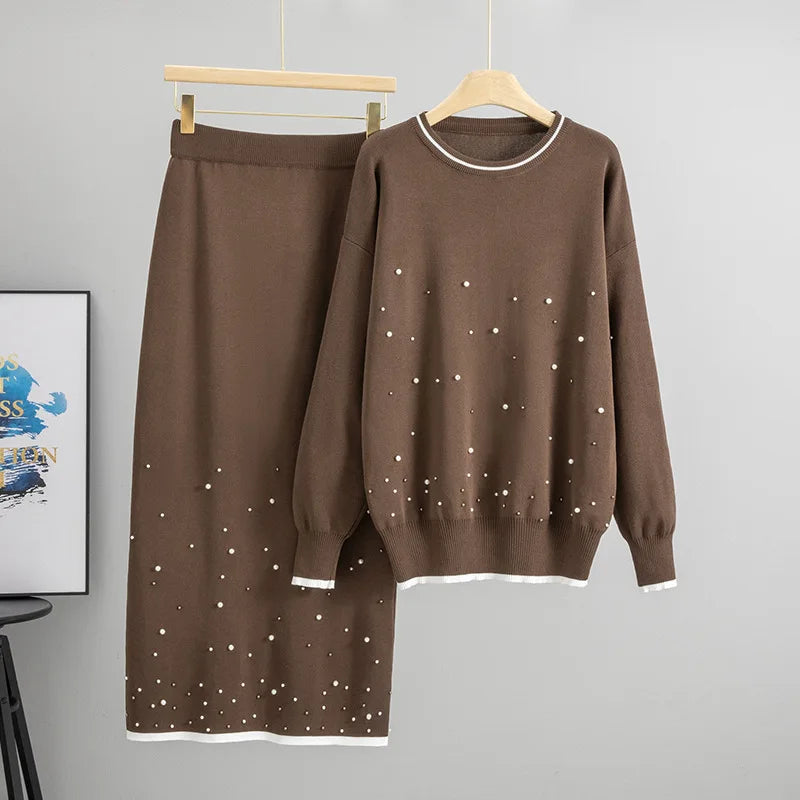 Muslim Beading Women Sweater Knitting Suit Two Piece Sets Pullover Knitted Long Skirt Outfits Casual Knitwear Ensemble Autumn