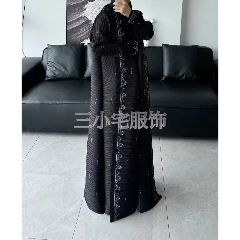 Miyake Pleated Vintage Printed Lapel Long Sleeve Black Women's Jacket 2024 Winter New Dubai Style Plus Size  Abaya Dress