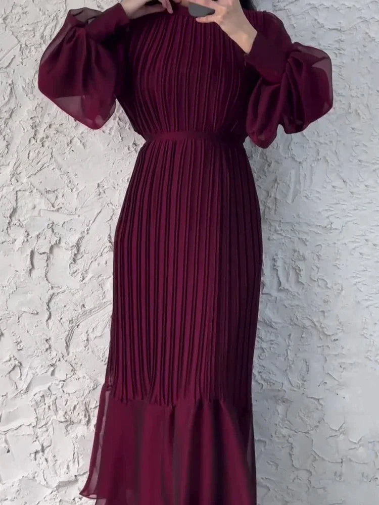 Eid Muslim Dress for Women Sweet Pleated Long Dresses Abaya Party Ramadan Lace-up Vestidos Largo Islam Dubai Arab Long Robe 2026