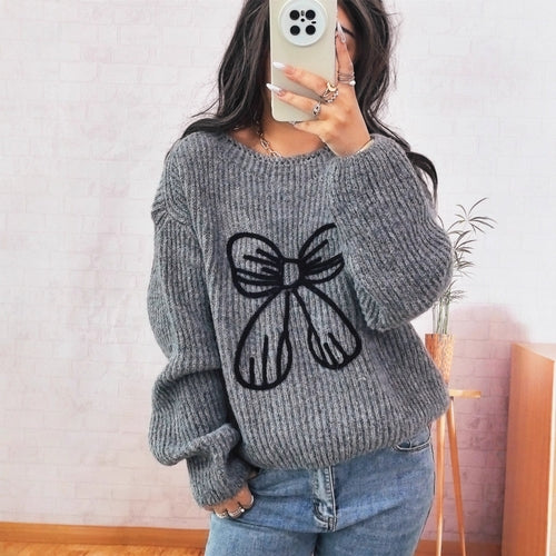 Simple Casual Bow Embroidery Decoration Knitted Long Sleeve Sweater