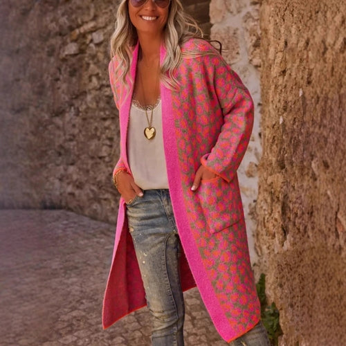 Contrast Color Leopard Print Long Knitwear Fashion Retro Pocket