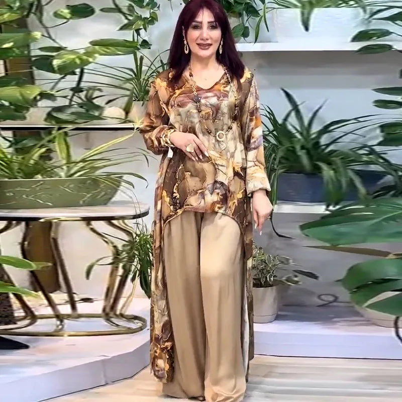 Sets Long Top Wide Leg Pants Print Blouse Ensemble Dubai Islam 2025 Casual Outfits Arabic Trousers 2 Piece Suit