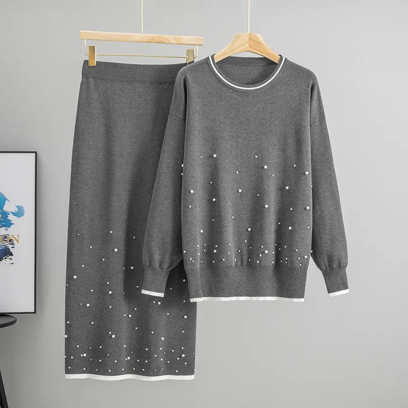 Muslim Beading Women Sweater Knitting Suit Two Piece Sets Pullover Knitted Long Skirt Outfits Casual Knitwear Ensemble Autumn