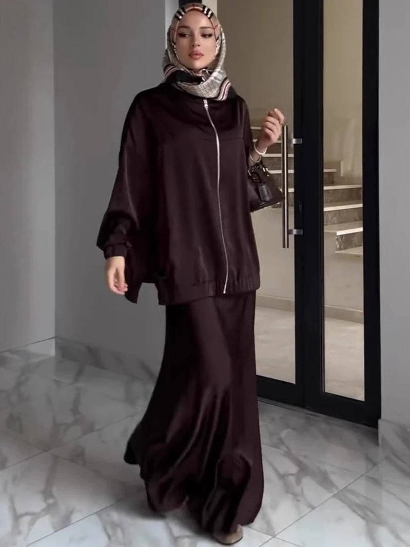 Muslim Dress Satin 2 Piece Set Women Party Abaya Musulman Ensembles Arab Long Robe Dubai Kaftan Vestidos Jalabiya Ramadan Eid