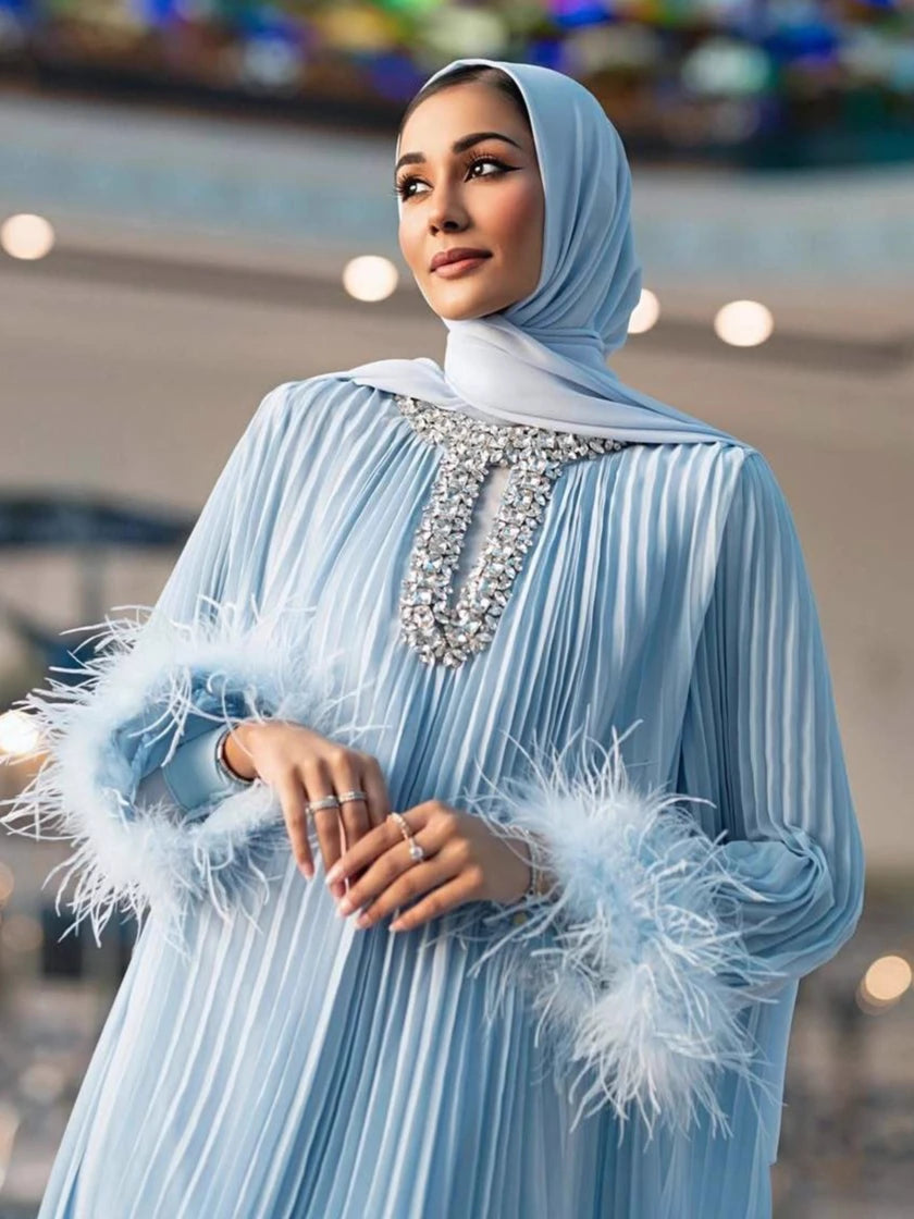 Eid Abaya Women Dress Muslim Pleated Feather Dubai Vestidos Largos Long Dresses Kaftan Arab Robe Party Caftan Jalabiya Ramadan
