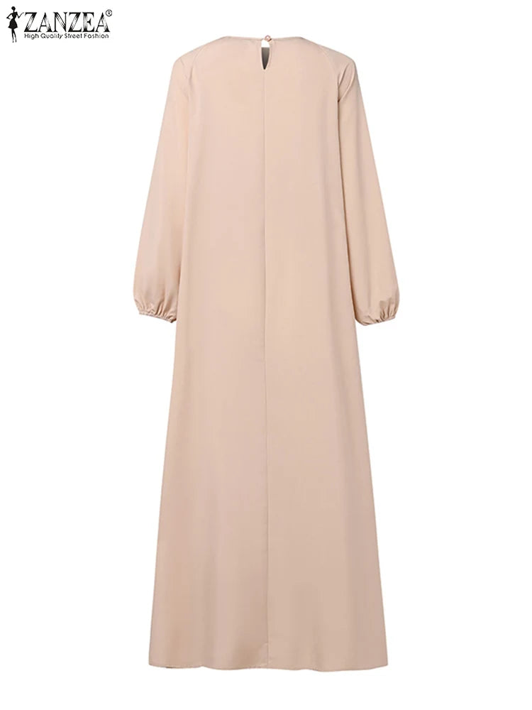 ZANZEA Patchwork Lantern Sleeve Abaya Robes Women Plisse Layered Elegant Maxi Dress Muslim Fashion Islamic Hijab Pleated Dress