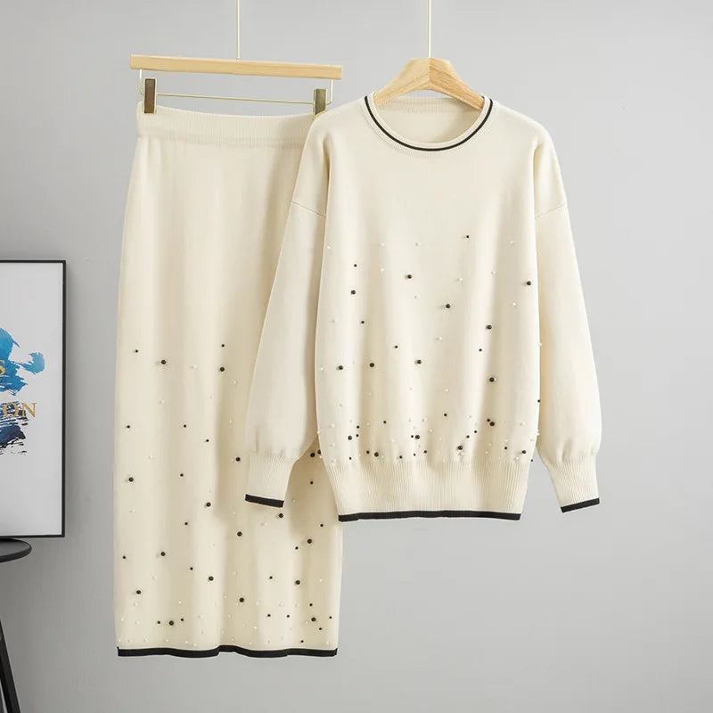 Muslim Beading Women Sweater Knitting Suit Two Piece Sets Pullover Knitted Long Skirt Outfits Casual Knitwear Ensemble Autumn