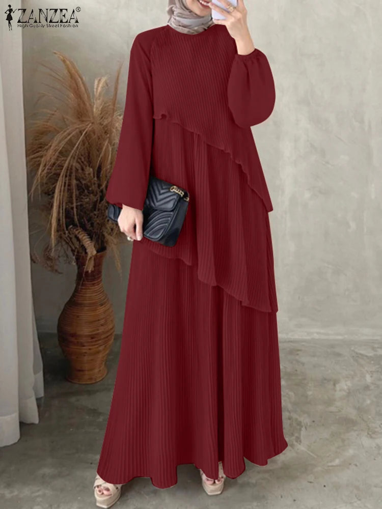 ZANZEA Patchwork Lantern Sleeve Abaya Robes Women Plisse Layered Elegant Maxi Dress Muslim Fashion Islamic Hijab Pleated Dress