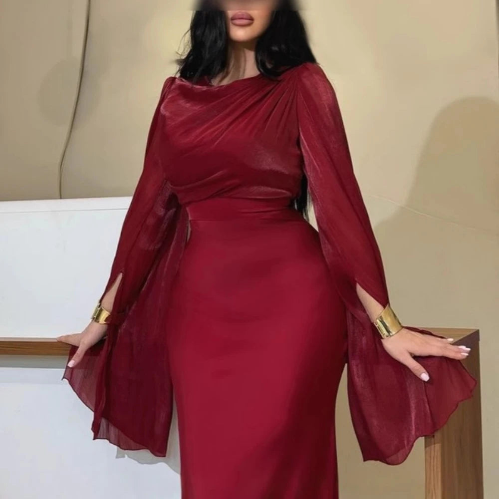 Abaya Elegant Satin Evening Dress For Women Simple Long Sleeves Hot Sale Party Charming Prom Gown 2026 Moroccan Muslim Robe
