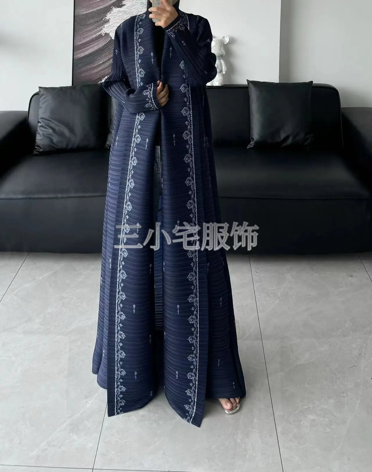 Miyake Pleated Vintage Printed Lapel Long Sleeve Black Women's Jacket 2024 Winter New Dubai Style Plus Size  Abaya Dress