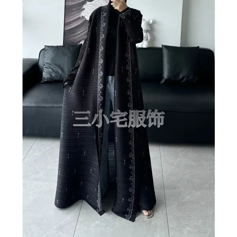 Miyake Pleated Vintage Printed Lapel Long Sleeve Black Women's Jacket 2024 Winter New Dubai Style Plus Size  Abaya Dress