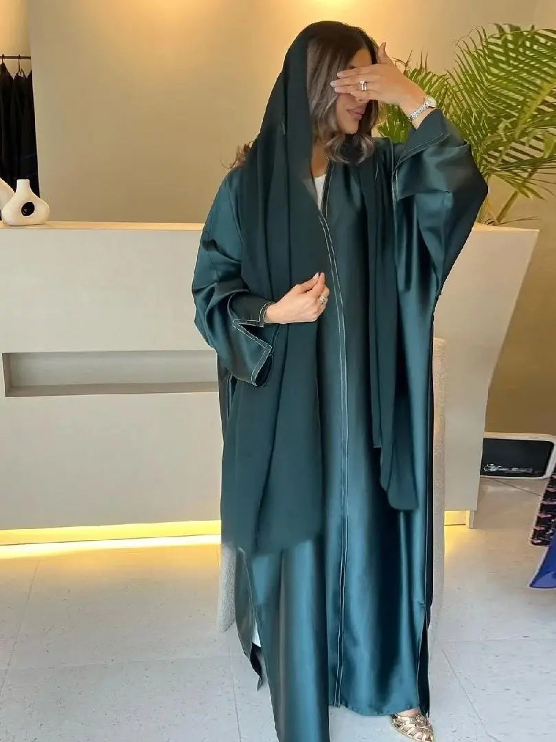 Ramadan Open Plain Satin Kimono Abaya Damen Dubai Kaftan Muslim Coat Prayer Clothes Women Djellaba Kebaya Robe Femme Musulmane