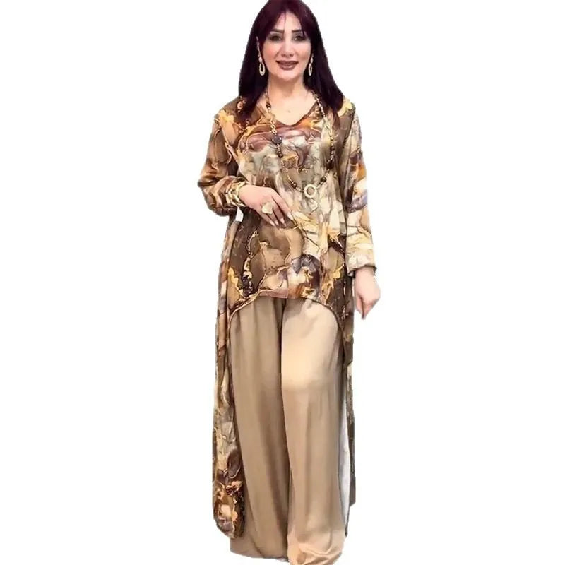 Sets Long Top Wide Leg Pants Print Blouse Ensemble Dubai Islam 2025 Casual Outfits Arabic Trousers 2 Piece Suit