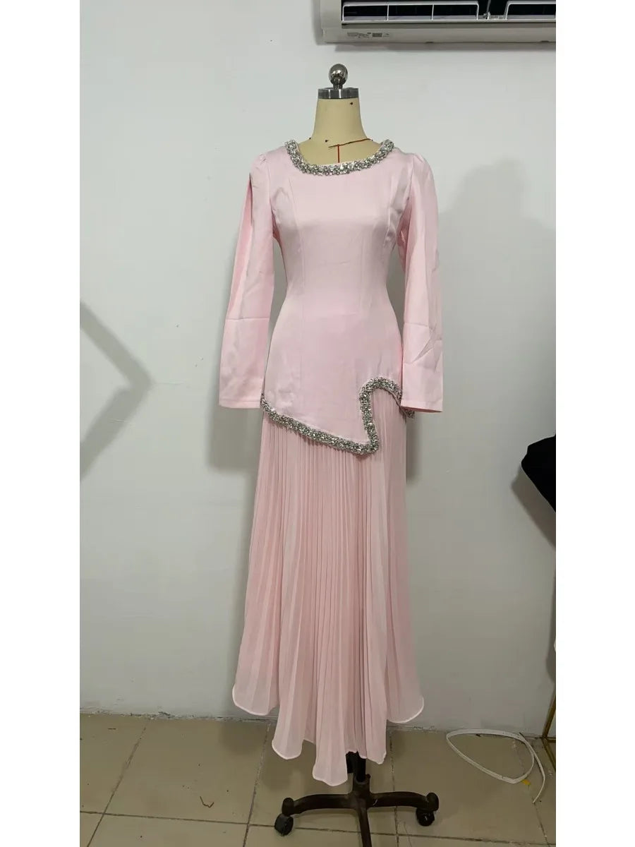 Eid Women Dress Muslim Abaya Pleated Shirt Skirt 2 Piece Set Diamond Party Ramadan Long Dresses Vestidos Largos Arab Long Robe