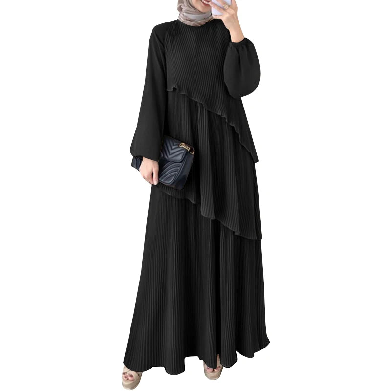 ZANZEA Patchwork Lantern Sleeve Abaya Robes Women Plisse Layered Elegant Maxi Dress Muslim Fashion Islamic Hijab Pleated Dress