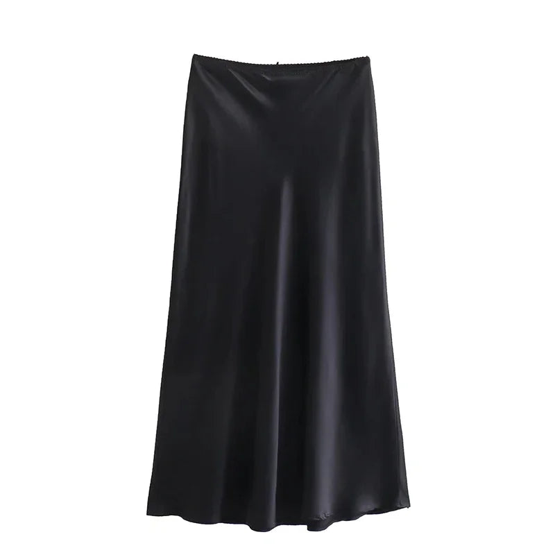 2024 Spring Women's Satin High-Waist A-Line Long Skirt - Vintage Chic Fashion