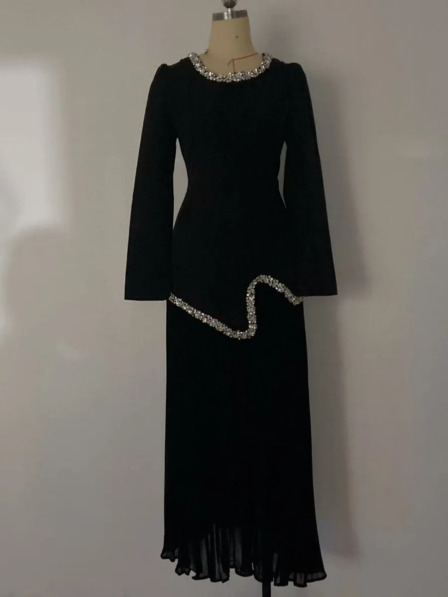 Eid Women Dress Muslim Abaya Pleated Shirt Skirt 2 Piece Set Diamond Party Ramadan Long Dresses Vestidos Largos Arab Long Robe