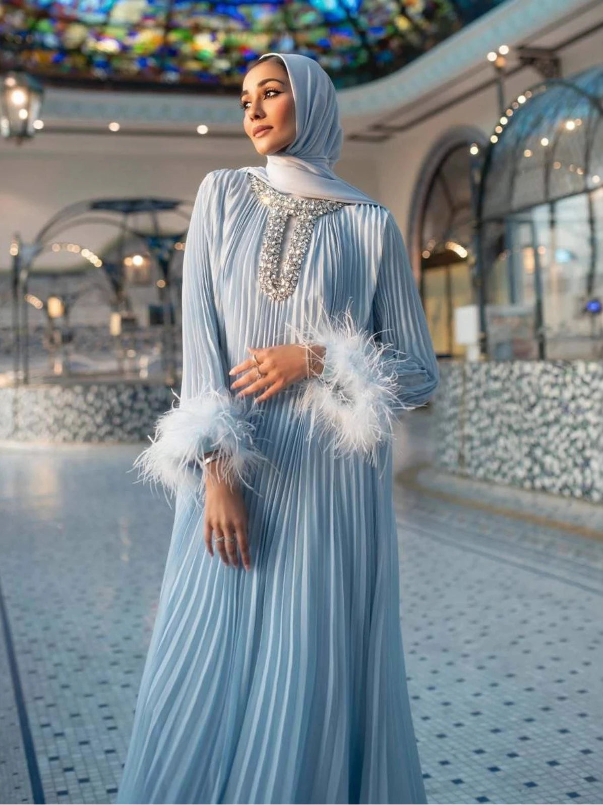 Eid Abaya Women Dress Muslim Pleated Feather Dubai Vestidos Largos Long Dresses Kaftan Arab Robe Party Caftan Jalabiya Ramadan