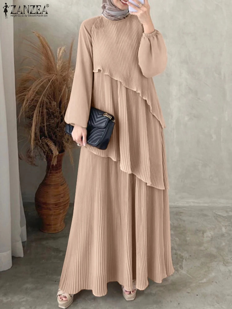 ZANZEA Patchwork Lantern Sleeve Abaya Robes Women Plisse Layered Elegant Maxi Dress Muslim Fashion Islamic Hijab Pleated Dress