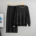 Muslim Beading Women Sweater Knitting Suit Two Piece Sets Pullover Knitted Long Skirt Outfits Casual Knitwear Ensemble Autumn