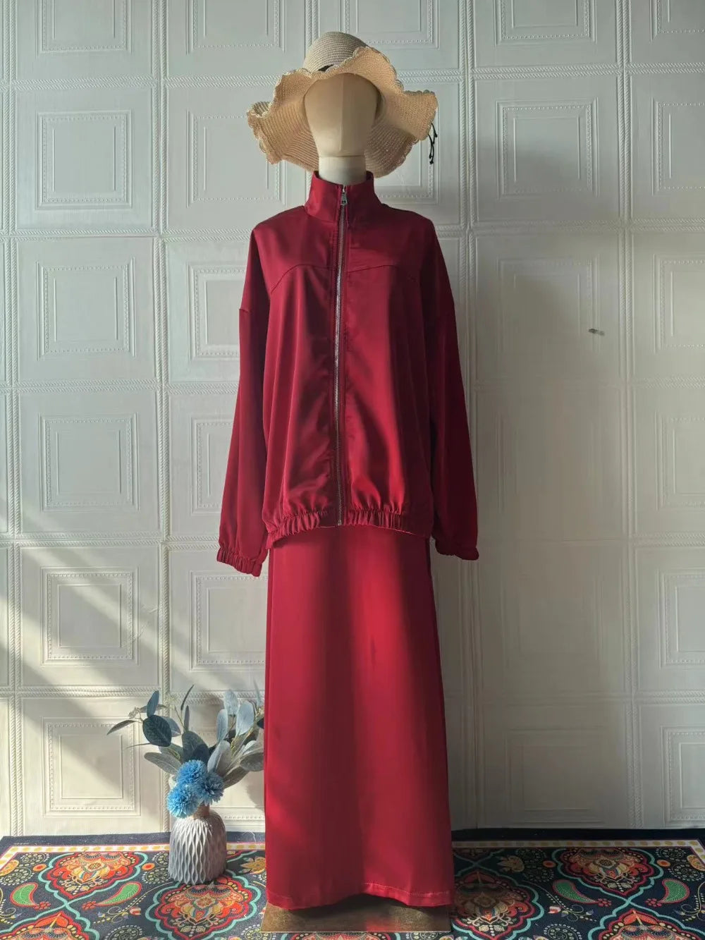 Muslim Dress Satin 2 Piece Set Women Party Abaya Musulman Ensembles Arab Long Robe Dubai Kaftan Vestidos Jalabiya Ramadan Eid