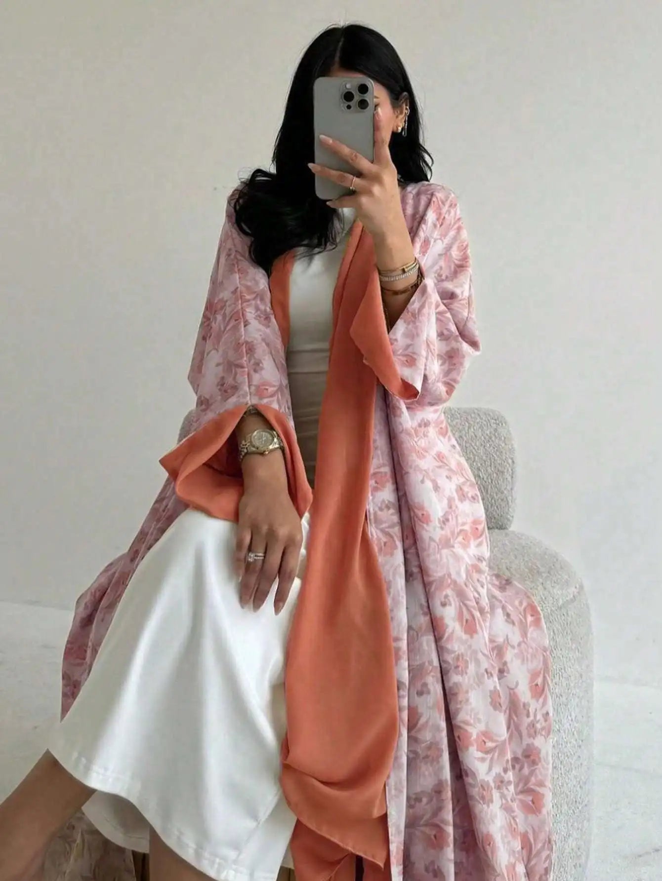 Loose Floral Printed Abaya Long Sleeve Traditional Middle Eastern Dress for Women Elegant Open Front Robe Without Scarf