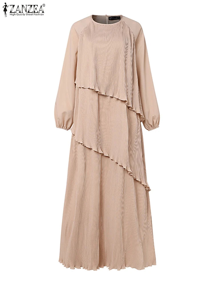 ZANZEA Patchwork Lantern Sleeve Abaya Robes Women Plisse Layered Elegant Maxi Dress Muslim Fashion Islamic Hijab Pleated Dress