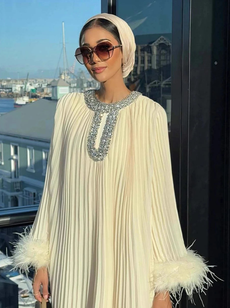 Eid Abaya Women Dress Muslim Pleated Feather Dubai Vestidos Largos Long Dresses Kaftan Arab Robe Party Caftan Jalabiya Ramadan