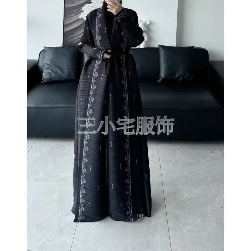 Miyake Pleated Vintage Printed Lapel Long Sleeve Black Women's Jacket 2024 Winter New Dubai Style Plus Size  Abaya Dress