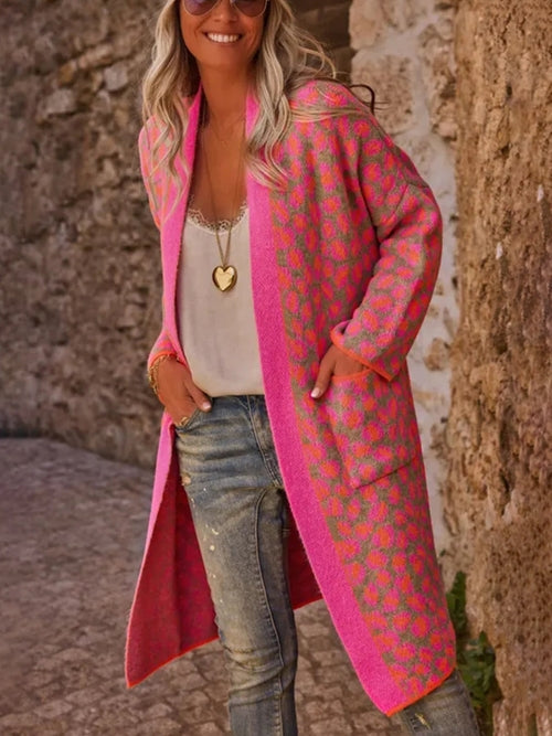 Contrast Color Leopard Print Long Knitwear Fashion Retro Pocket