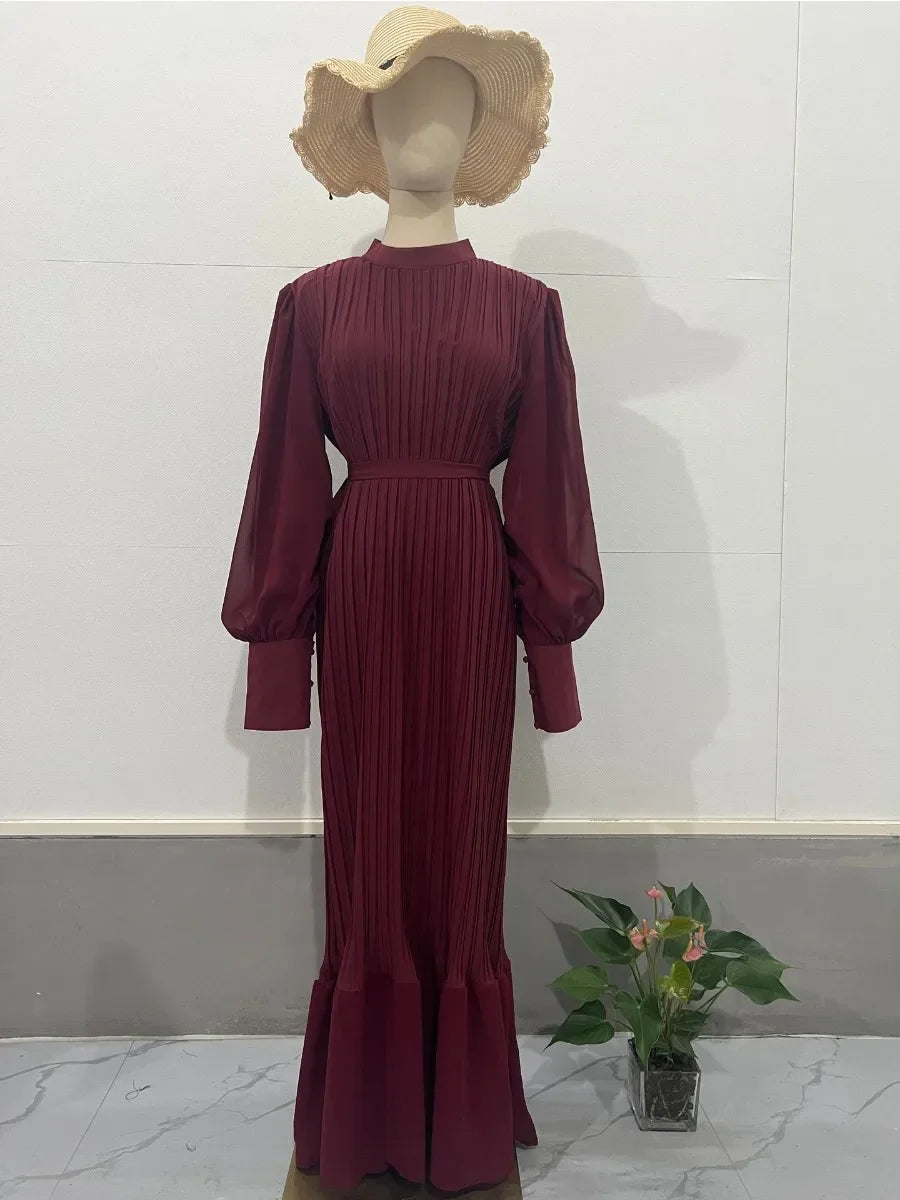 Eid Muslim Dress for Women Sweet Pleated Long Dresses Abaya Party Ramadan Lace-up Vestidos Largo Islam Dubai Arab Long Robe 2026