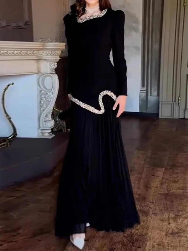 Eid Women Dress Muslim Abaya Pleated Shirt Skirt 2 Piece Set Diamond Party Ramadan Long Dresses Vestidos Largos Arab Long Robe