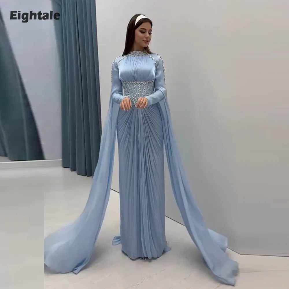 Eightale Arabic Evening Dress High Neck Crepe Customized Muslim Light Blue Beaded Rhinestones Prom Wedding Party Gown