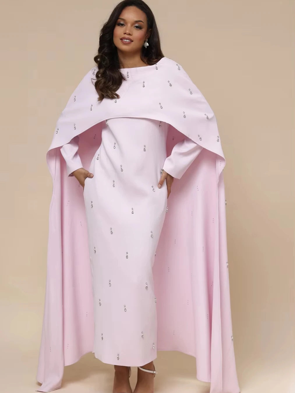 EID Women Cape Abaya Pearl Diamond Embellished Luxury Caftan Vestidos Largos Shawl Modest Muslim Dress Islamic Clothing 2025