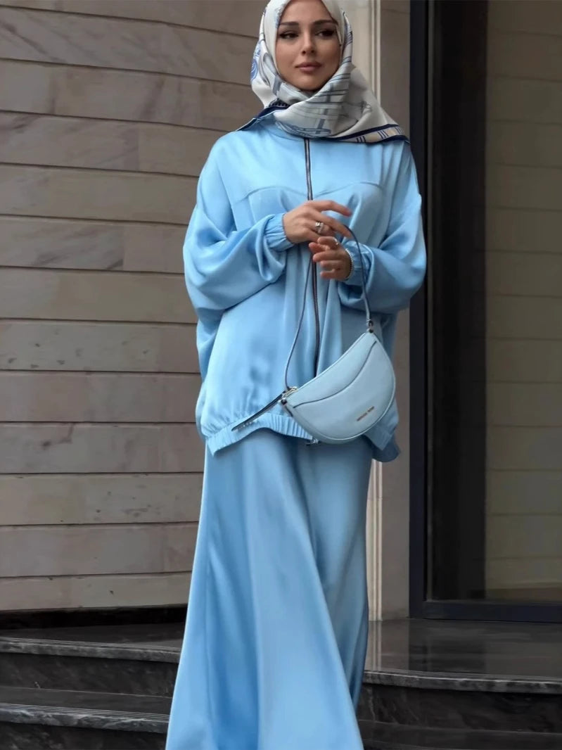 Muslim Dress Satin 2 Piece Set Women Party Abaya Musulman Ensembles Arab Long Robe Dubai Kaftan Vestidos Jalabiya Ramadan Eid