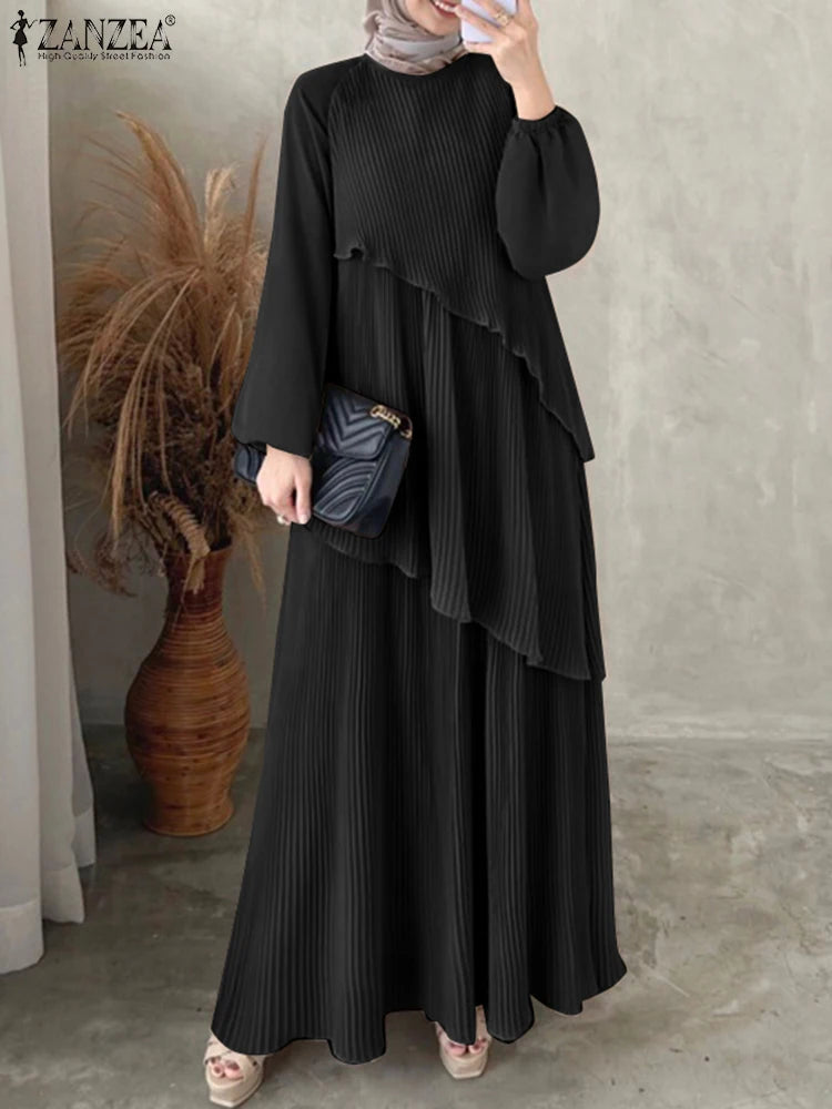ZANZEA Patchwork Lantern Sleeve Abaya Robes Women Plisse Layered Elegant Maxi Dress Muslim Fashion Islamic Hijab Pleated Dress