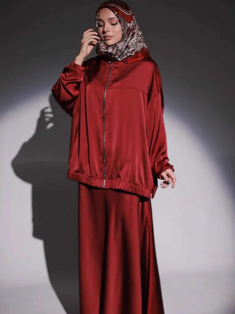 Muslim Dress Satin 2 Piece Set Women Party Abaya Musulman Ensembles Arab Long Robe Dubai Kaftan Vestidos Jalabiya Ramadan Eid