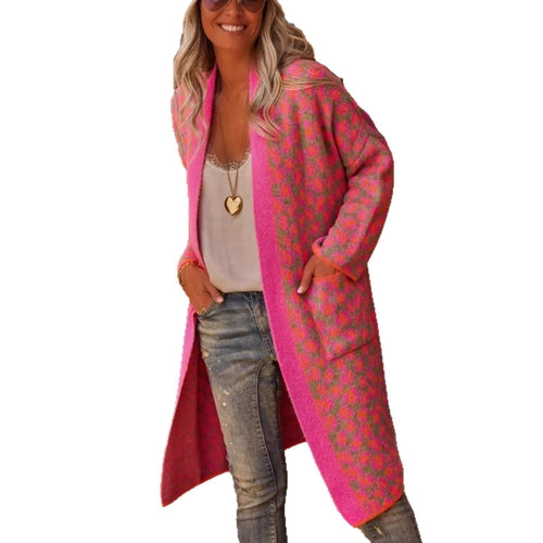 Contrast Color Leopard Print Long Knitwear Fashion Retro Pocket