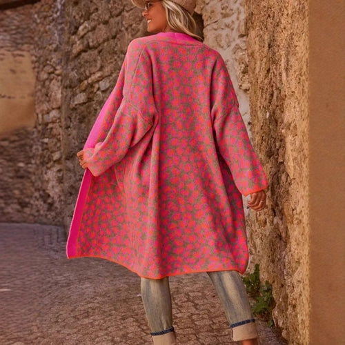 Contrast Color Leopard Print Long Knitwear Fashion Retro Pocket